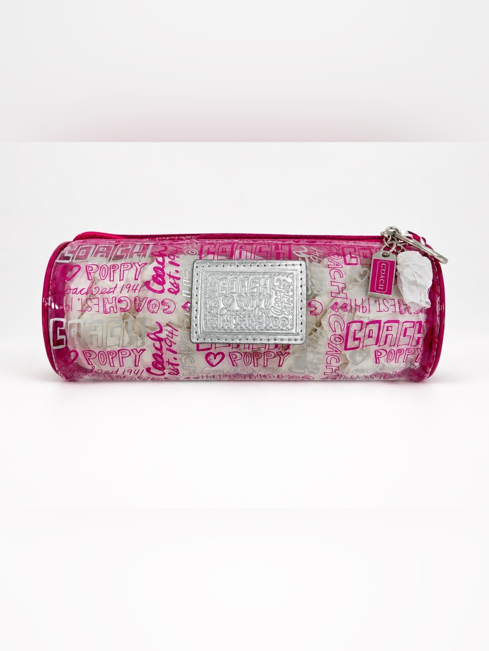 NWT Coach Poppy Pink Clear PVC Barrel Cosmetic Bag Makeup Case Travel Pouch